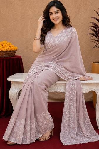 Dusty onion linen digital print work saree with unstitched blouse piece