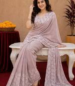 Dusty onion linen digital print work saree with unstitched blouse piece