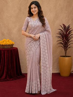 Dusty onion linen digital print work saree with unstitched blouse piece 2