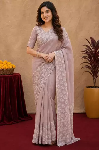 Dusty onion linen digital print work saree with unstitched blouse piece
