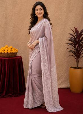 Dusty onion linen digital print work saree with unstitched blouse piece 3