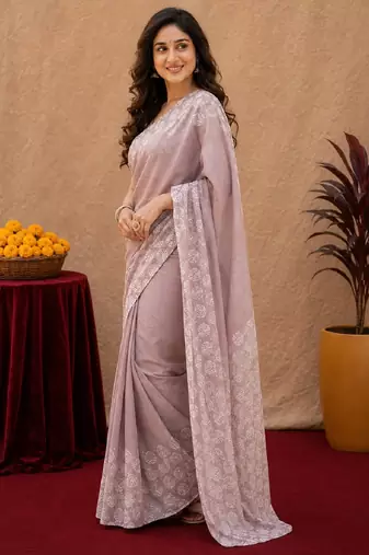 Dusty onion linen digital print work saree with unstitched blouse piece