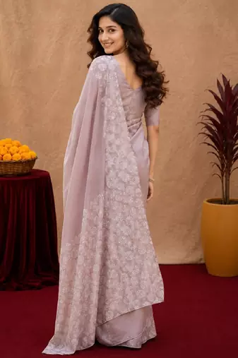 Dusty onion linen digital print work saree with unstitched blouse piece