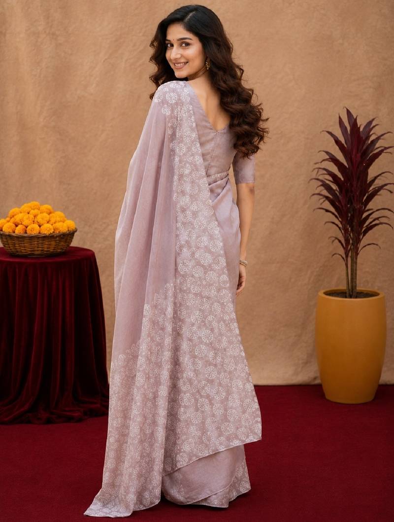 Dusty onion linen digital print work saree with unstitched blouse piece