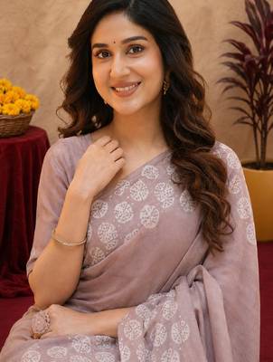 Dusty onion linen digital print work saree with unstitched blouse piece 5