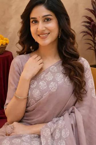 Dusty onion linen digital print work saree with unstitched blouse piece