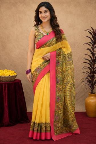 Yellow linen digital print work saree with unstitched blouse piece