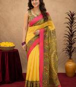 Yellow linen digital print work saree with unstitched blouse piece