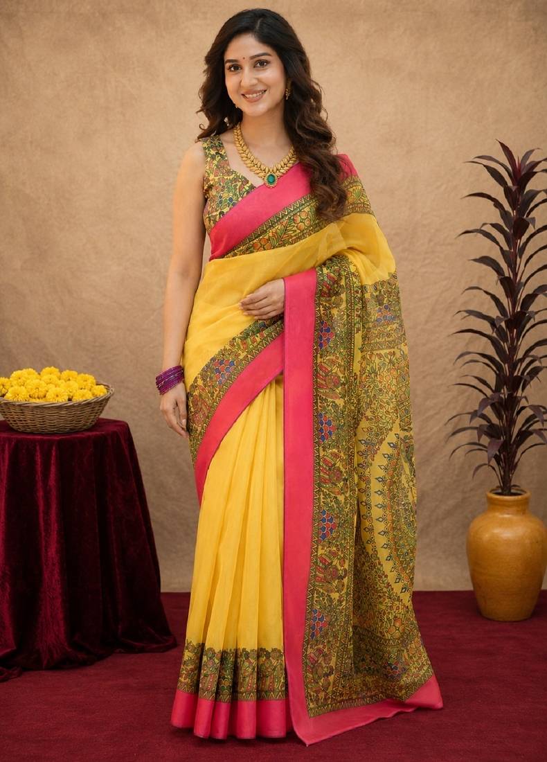 Yellow linen digital print work saree with unstitched blouse piece