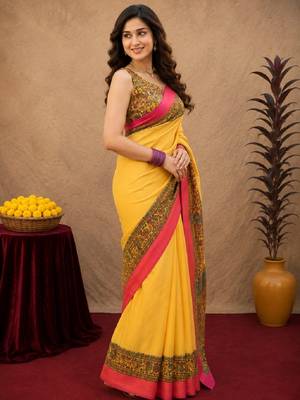 Yellow linen digital print work saree with unstitched blouse piece 2
