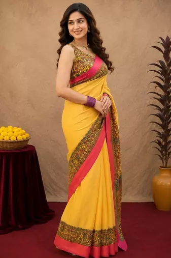 Yellow linen digital print work saree with unstitched blouse piece