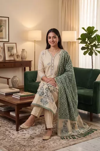 Bottle green jamdani pichwai weaving banarasi dress material (3pcs)