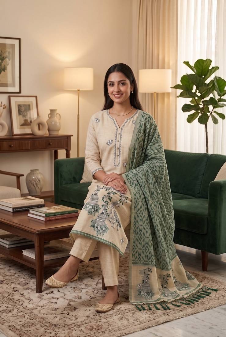 Bottle green jamdani pichwai weaving banarasi dress material (3pcs)