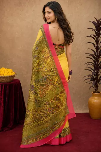Yellow linen digital print work saree with unstitched blouse piece