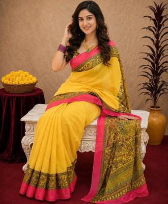 Yellow linen digital print work saree with unstitched blouse piece 4