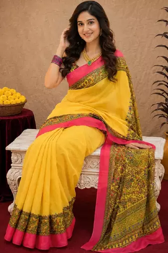 Yellow linen digital print work saree with unstitched blouse piece