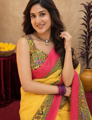 Yellow linen digital print work saree with unstitched blouse piece 5