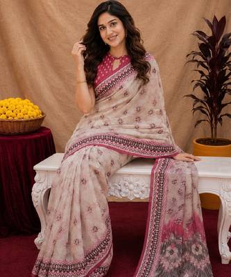 White pink linen digital print work saree with unstitched blouse piece 1