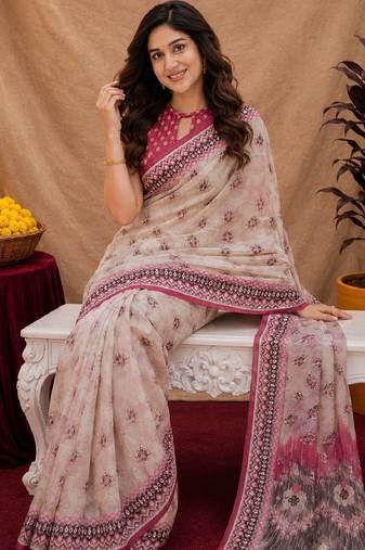 White pink linen digital print work saree with unstitched blouse piece