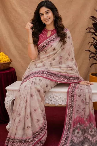 White pink linen digital print work saree with unstitched blouse piece