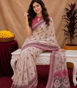 White pink linen digital print work saree with unstitched blouse piece