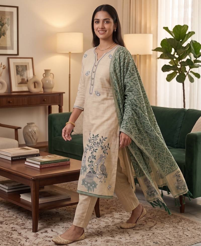 Bottle green jamdani pichwai weaving banarasi dress material (3pcs)