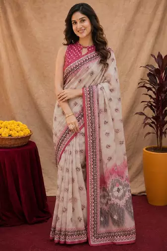 White pink linen digital print work saree with unstitched blouse piece