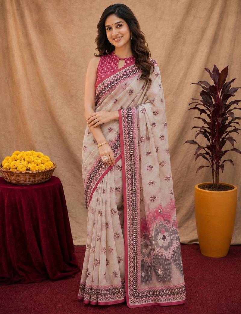 White pink linen digital print work saree with unstitched blouse piece