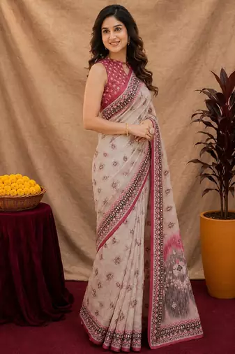 White pink linen digital print work saree with unstitched blouse piece