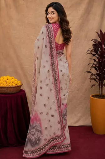 White pink linen digital print work saree with unstitched blouse piece