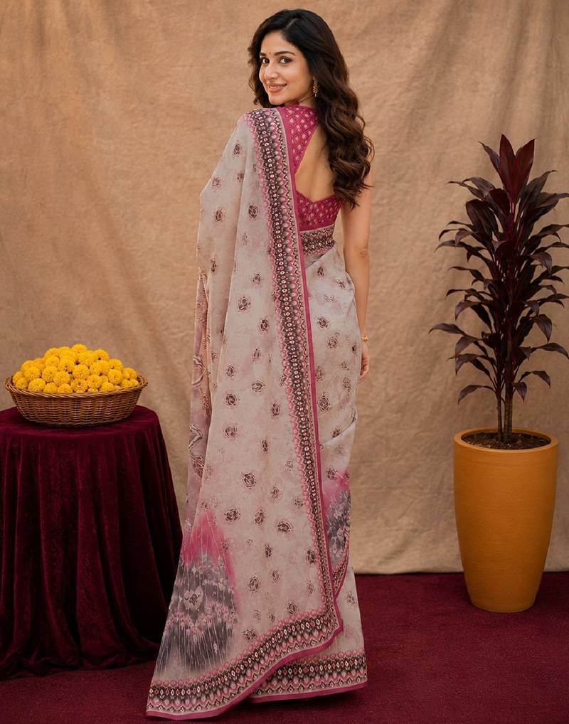 White pink linen digital print work saree with unstitched blouse piece
