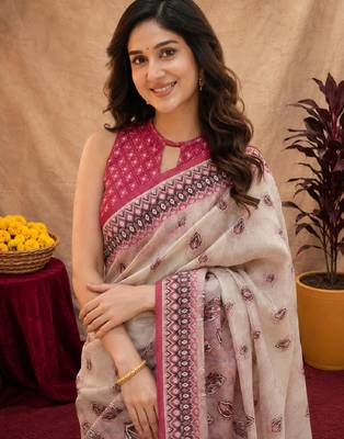 White pink linen digital print work saree with unstitched blouse piece 5