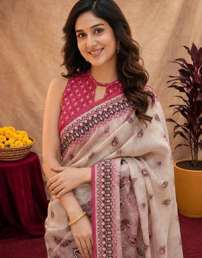 White pink linen digital print work saree with unstitched blouse piece