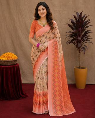 Off white  orange linen digital print work saree with unstitched blouse piece 1