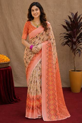Off white  orange linen digital print work saree with unstitched blouse piece