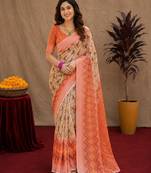 Off white  orange linen digital print work saree with unstitched blouse piece