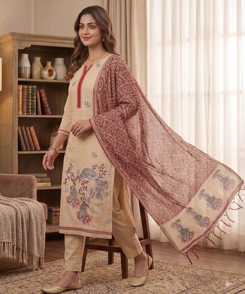 Maroon jamdani pichwai weaving banarasi dress material (3pcs)