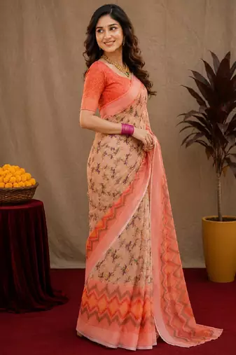 Off white  orange linen digital print work saree with unstitched blouse piece