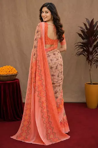 Off white  orange linen digital print work saree with unstitched blouse piece