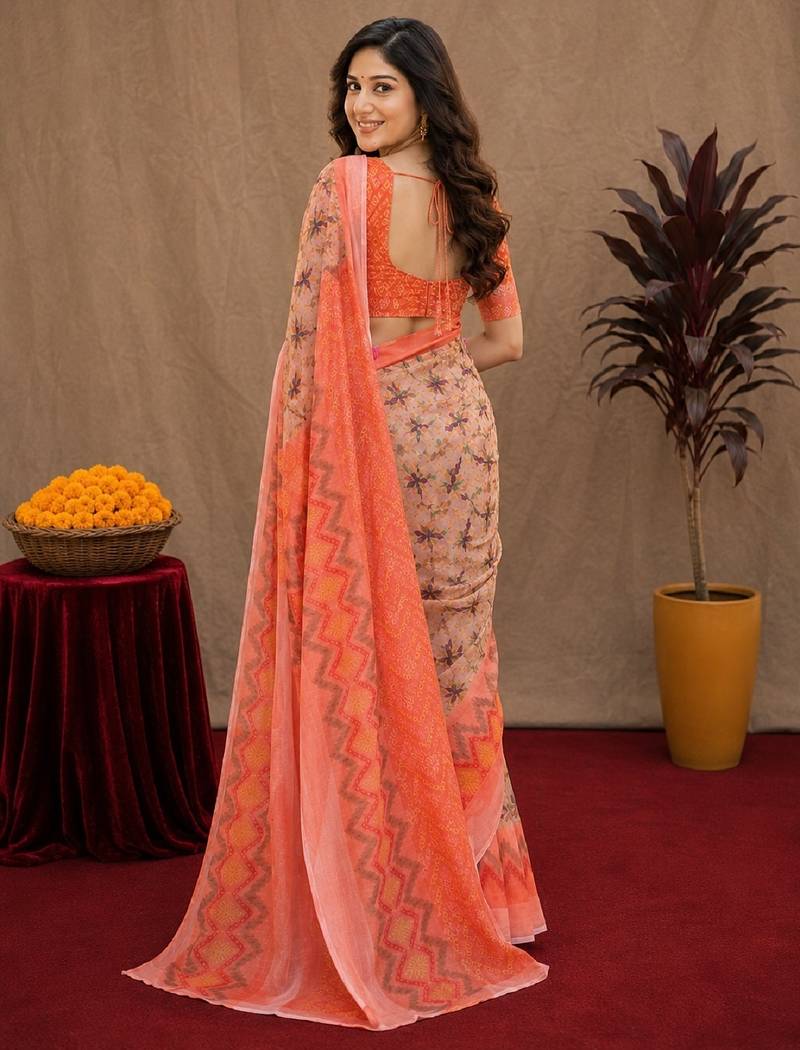 Off white  orange linen digital print work saree with unstitched blouse piece