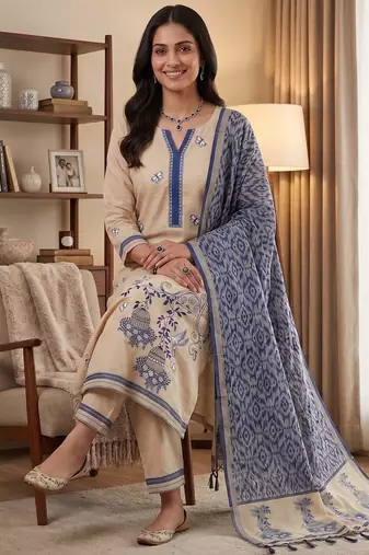 Navy blue jamdani pichwai weaving banarasi dress material (3pcs)