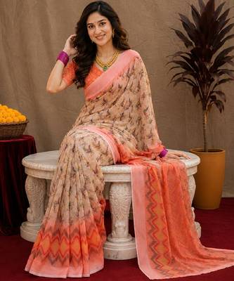 Off white  orange linen digital print work saree with unstitched blouse piece 4