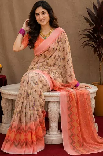 Off white  orange linen digital print work saree with unstitched blouse piece