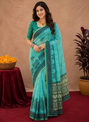 Sky blue rama linen digital print work saree with unstitched blouse piece 1