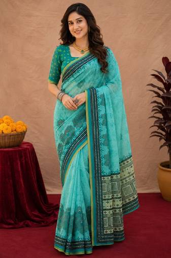 Sky blue rama linen digital print work saree with unstitched blouse piece