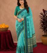 Sky blue rama linen digital print work saree with unstitched blouse piece