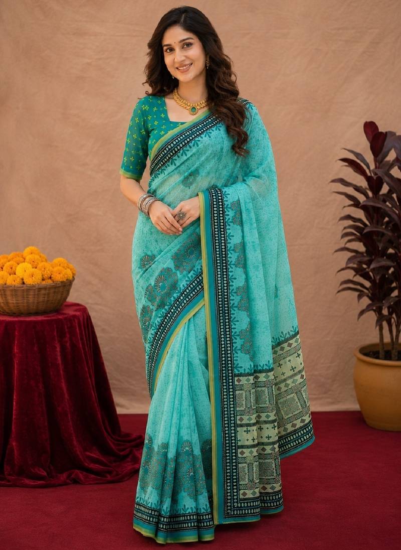 Sky blue rama linen digital print work saree with unstitched blouse piece