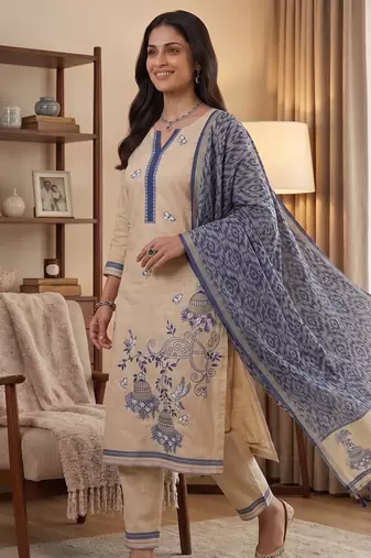 Navy blue jamdani pichwai weaving banarasi dress material (3pcs)