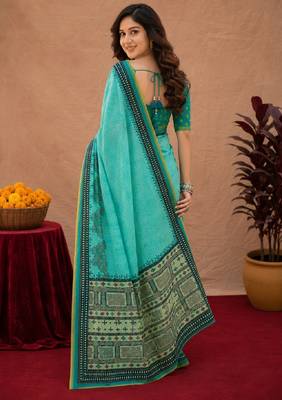 Sky blue rama linen digital print work saree with unstitched blouse piece 2
