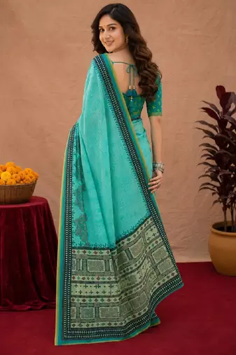 Sky blue rama linen digital print work saree with unstitched blouse piece